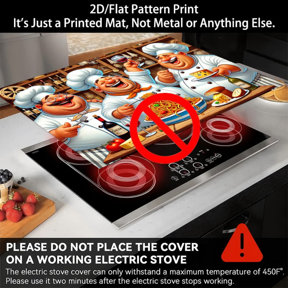 1 2D/flat stove cover protection pad, cartoon-style happy fat chef food feast pattern design, 28.3x20.5 inches (72×52cm), easy to clean, perfectly suitable for any kitchen, washing machine, dryer, st