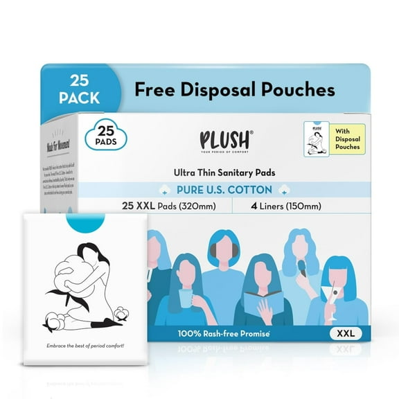 Plush Ultra-Thin Sanitary Napkins for Women, 25 Pcs | Super Absorbent Heavy Flow XXL Pads + 4 Panty Liners | 100% Rash-Free | Pure U.S. Cotton XXL Sanitary Pads with Free Disposable Pouch
