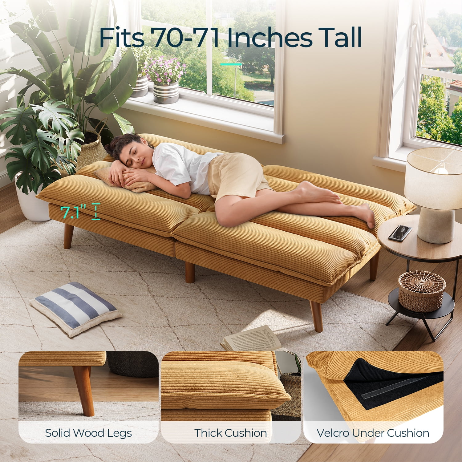 LINSY HOME Convertible Futon Sofa Bed, Convertiable Sofa Bed,  Corduroy Material Yellow