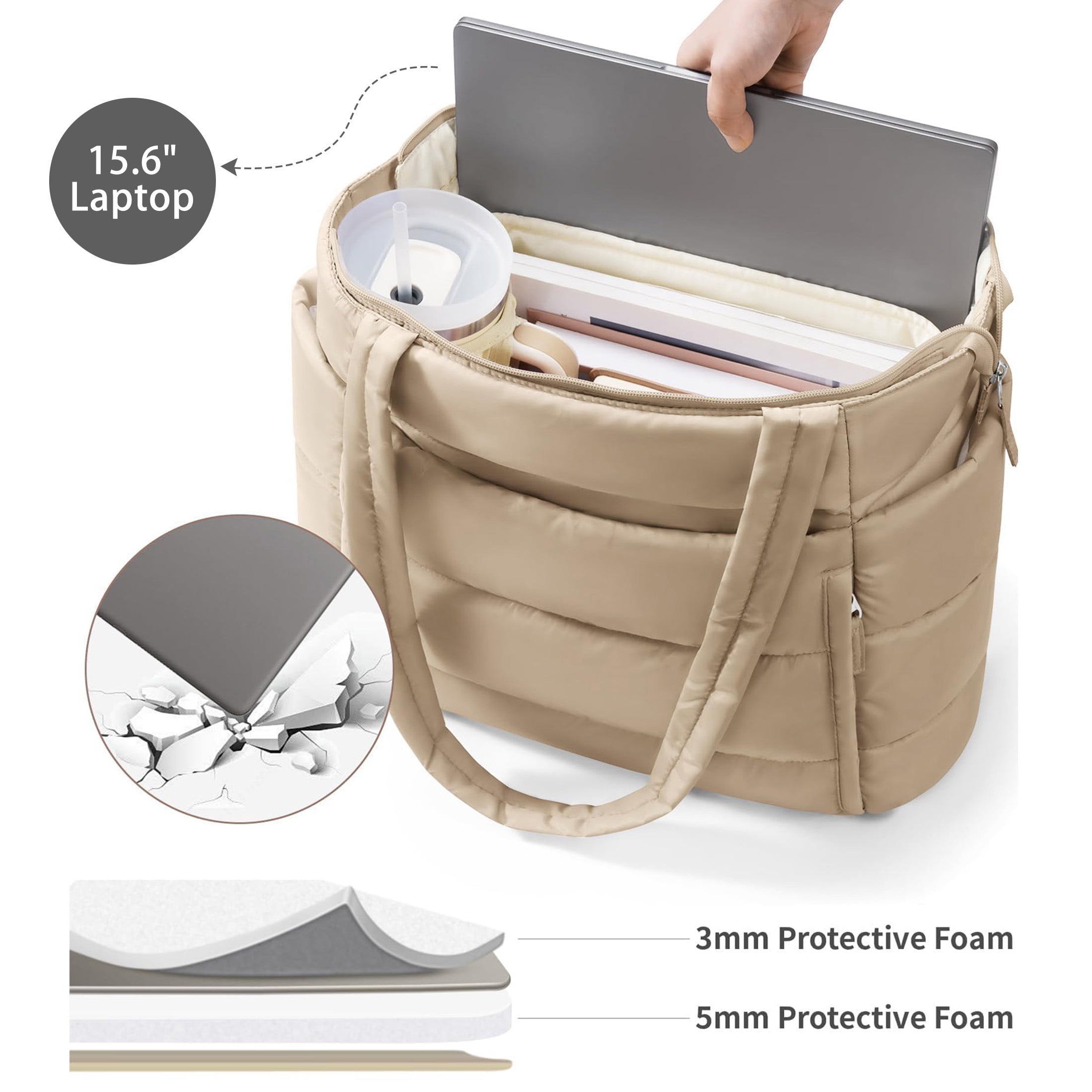 Puffer Tote Bag for Women, Large Capacity Lightweight Quilted Shoulder Bag, Waterproof Handbag for Work, Travel, Gym, Camel