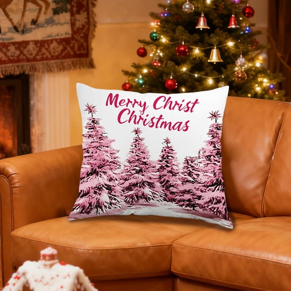 Pink Christmas Throw Pillow Covers, 18x18 Pillow Cases with Vintage Snowman Santa Deer Tree Design, Holiday Decorative Cushion Covers for Couch, Sofa, Living Room, Outdoor & Home B