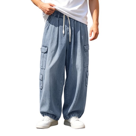 CONZONE Men's Baggy Jeans Streetwear Wide Leg Jeans for Men Trendy Elastic Waist Drawstring Solid Soft Casual Denim Pant With Pockets