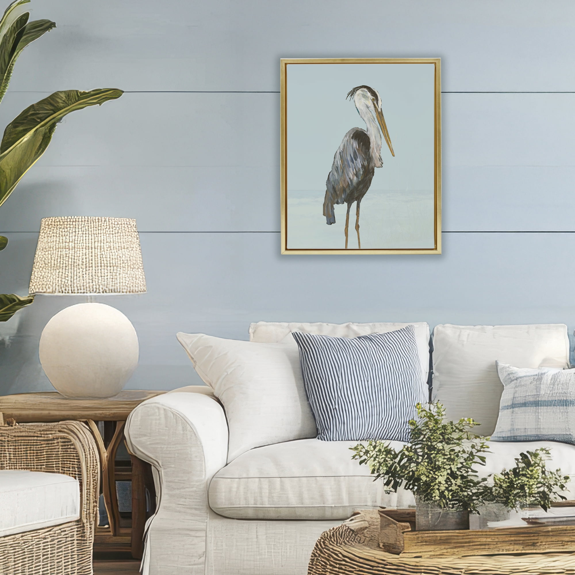 Stupell Industries Coastal Pelican Muted Blue Gold Framed Floater Canvas Wall Art, design by Julie DeRice