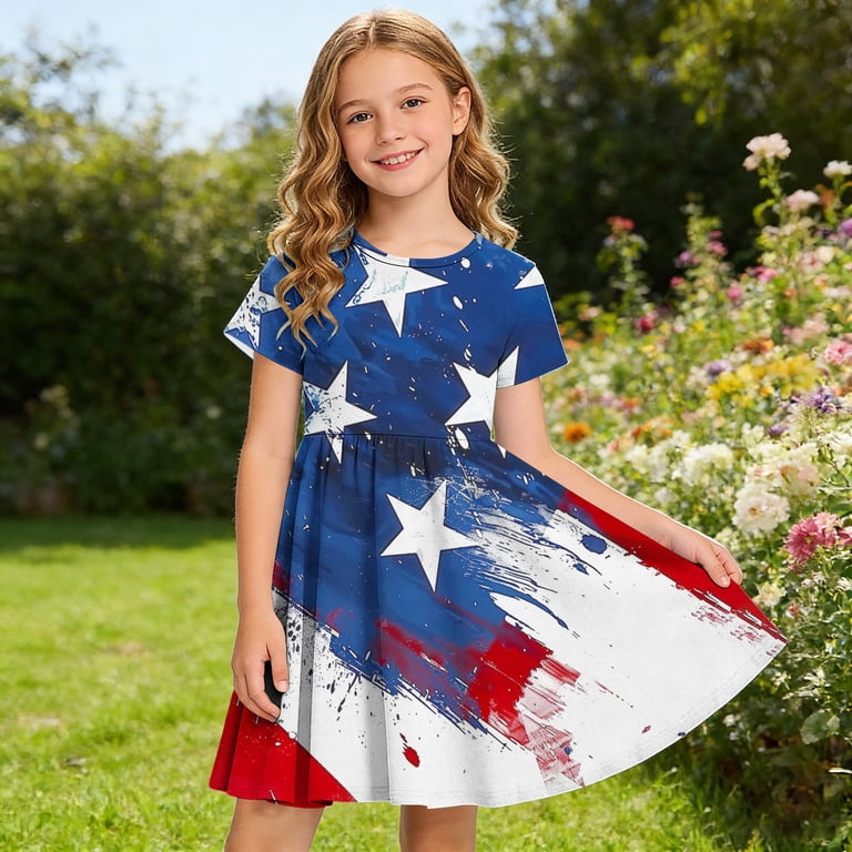 red white and blue summer dress Wangkekeji Girls' 4th Of July Print Flutter Sleeve Tiered Dress Red White & Blue Patriotic A Line Summer Dress With Pockets Comfortable Casual Party Dress For Toddler Cardigans for Toddler Girls 2t -
