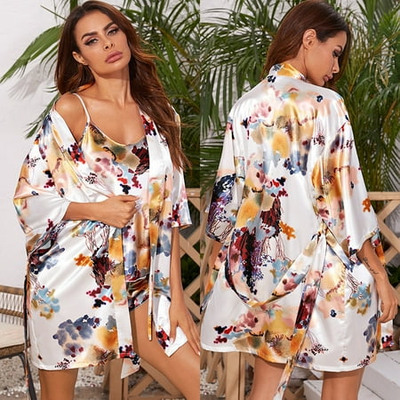 

New Silk Nightgown Women s Summer Peony Printing Cardigan Bathrobe Home Pajamas