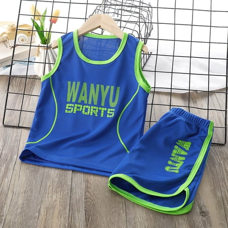 AUDeals Toddler Kids Unisex Spring Summer Outfit Set Letter Print Quick Dry Short Sleeve Top & Shorts 2PCS Casual Comfortable Clothes Set (Blue 10-12 Years)