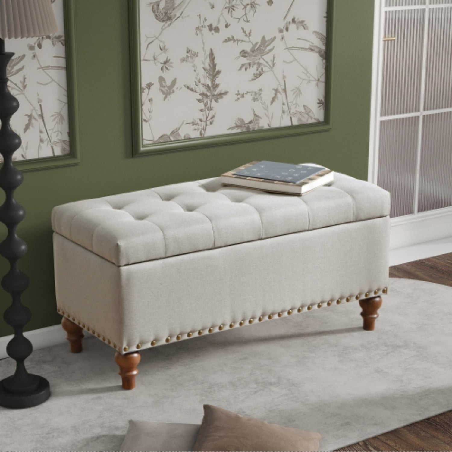 Storage Ottoman Bench with Hinged Lid, Linen Upholstered Footrest with Hidden Storage, Bedroom Entryway Living Room Bench, Beige