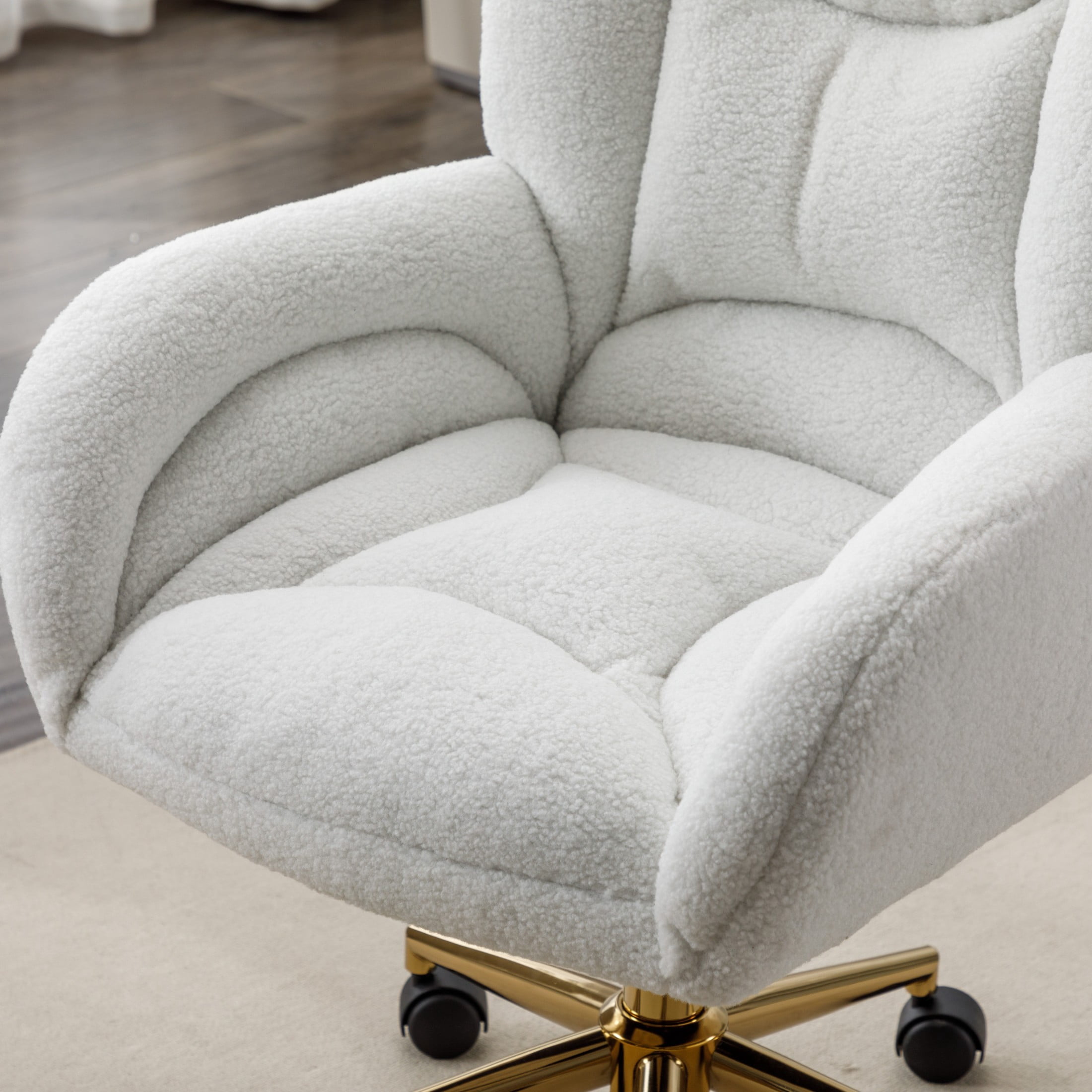 Noble House Rostin Teddy Swivel Home Office Chair, Ergonomic Makeup Vanity Seat with Adjustable Gold Base, Ivory