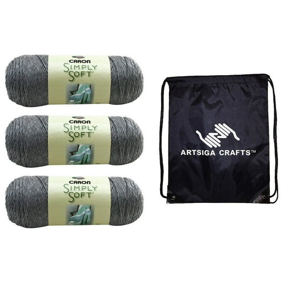 Caron Simply Soft Heather Soft Grey H9700H-9509 (3-Skeins - Same Dye Lot) Worsted Medium #4 Acrylic Yarn for Crocheting and Knitting - Bundle with 1 Artsiga Crafts Project Bag