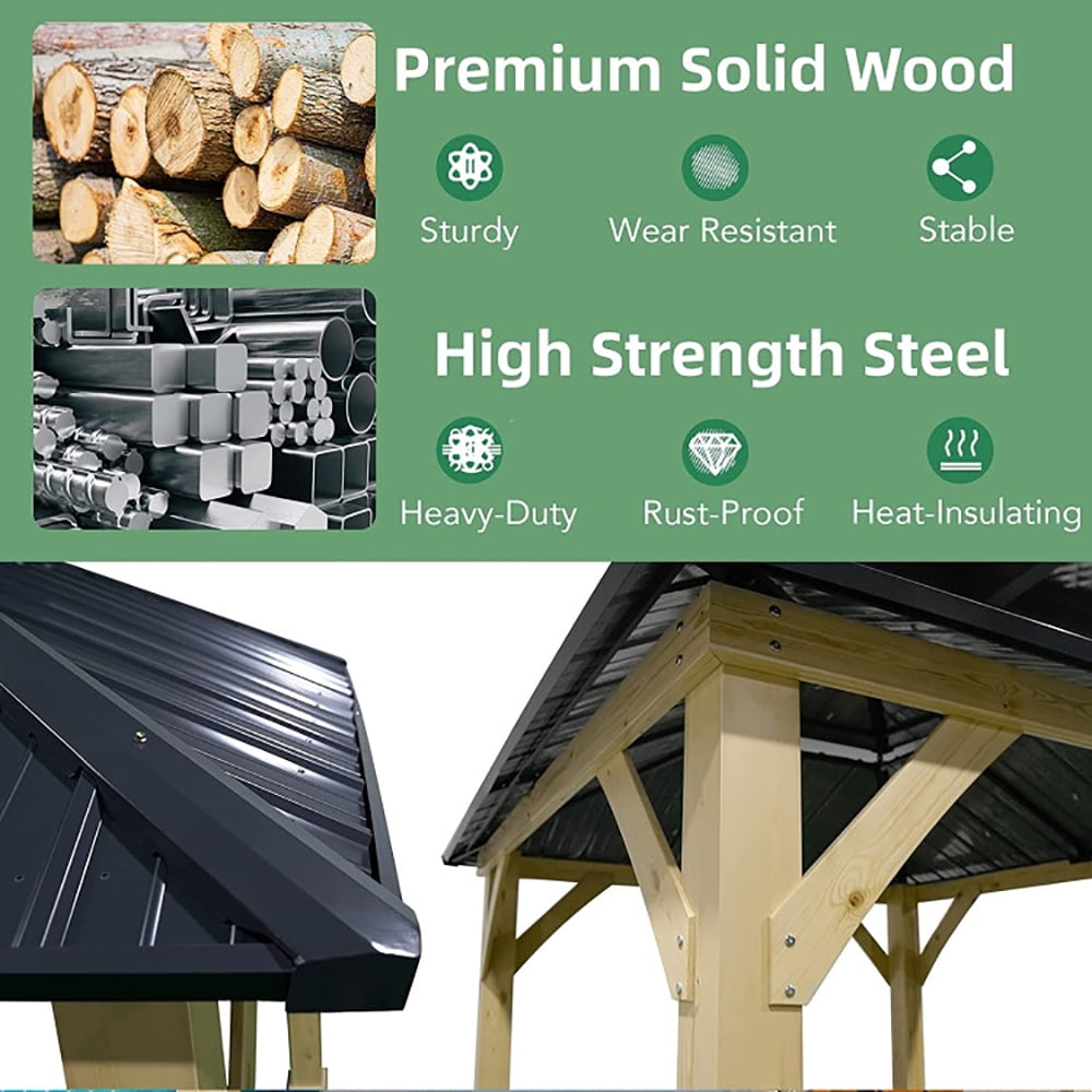 Aimee Lii 10 x 10 Feet Patio Pine Wood Hardtop Gazebo with Double Steel Roof for Outdoor, Backyard Canopy Gazebo, Gray