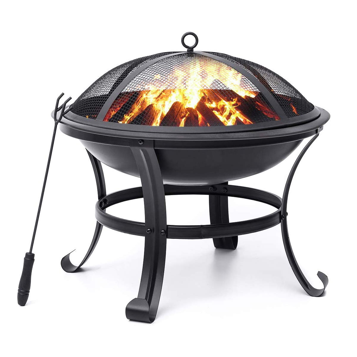 KingSo Outdoor Patio 22inch Round Steel Wood Burning Fire Pit w/ Screen Cover, Log Grate, Poker
