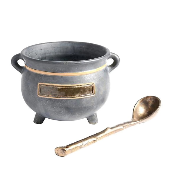 Halloween Decorations for Outdoor Indoor,Decorative Cast Iron Cauldron with Gold Accents and Matching Spoon, Vintage-Style Pot for Kitchen or Decor