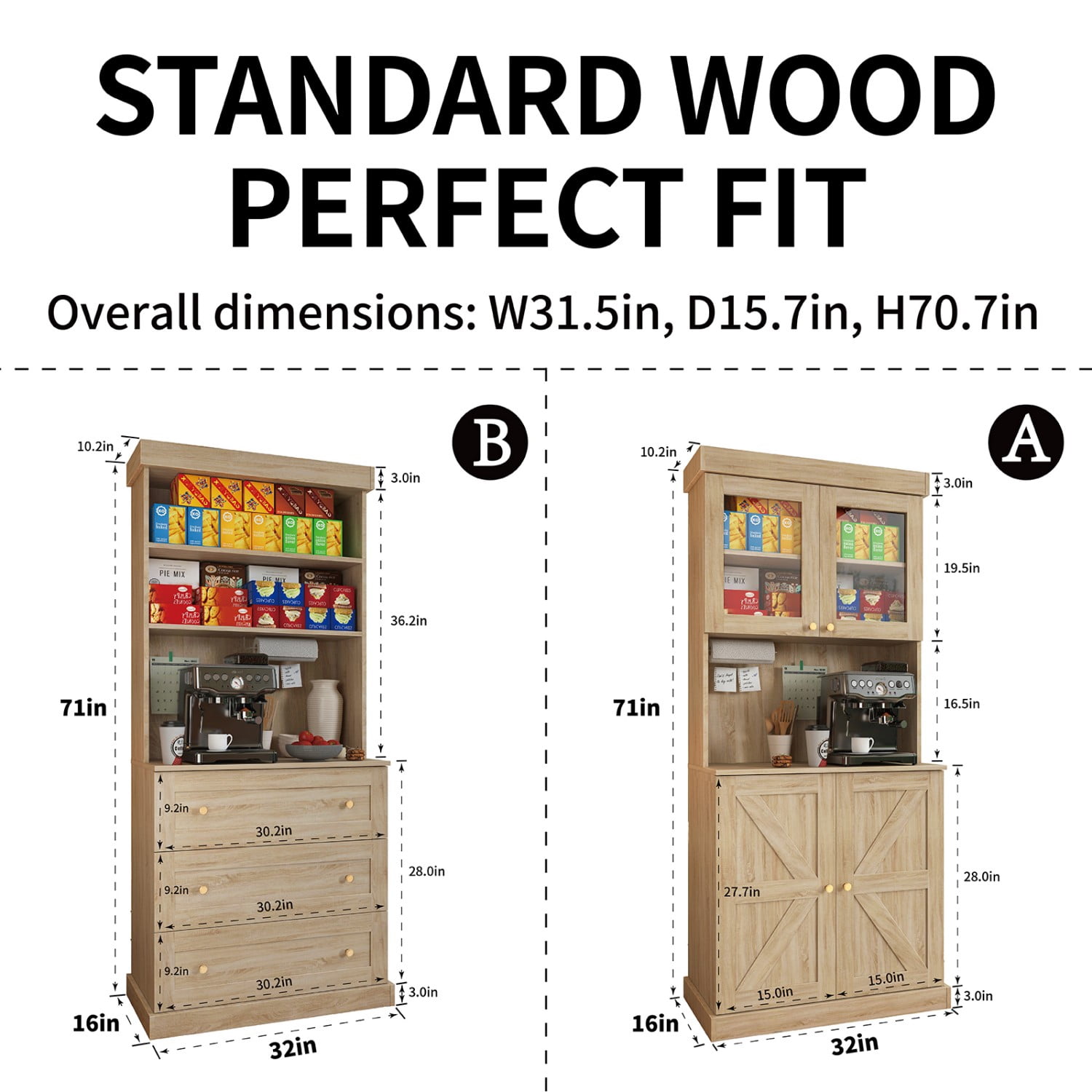 71" Kitchen Pantry Cabinet, Large Kitchen Food Hutch Storage Cabinet with Doors, Drawers & Adjustable Shelves, Tall Modern Coffee Bar with Microwave Stand for Kitchen Living Room,Brown 4PCS