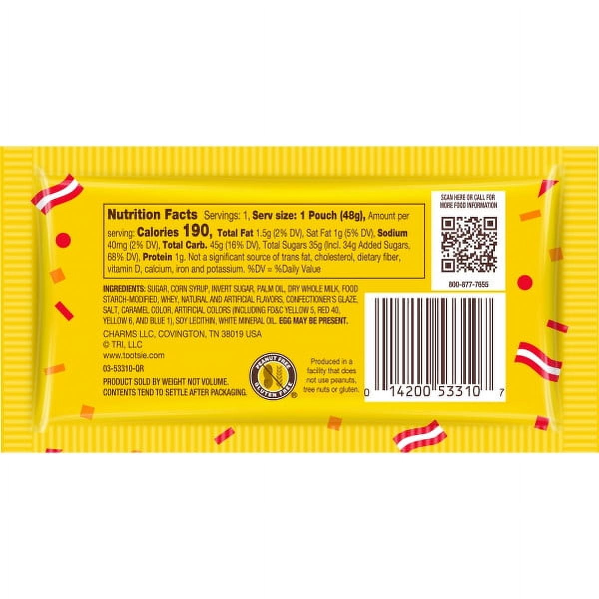 Charms Sugar Babies 1.7 oz Pouch. Soft & Chewy Candy-Coated Milk Caramel. Peanut Free and Gluten Free. Egg May Be Present.