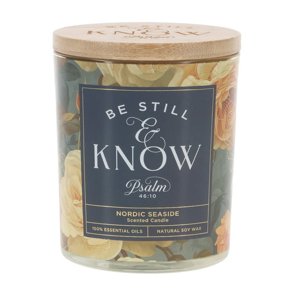 Christian Art Gifts Natural Soy Wax Scented Candle for Women: Be Still & Know Encouraging Bible Verse, Multicolor Floral Rose Glass Jar, Bamboo Lid, All Natural Essential Oils, Nordic Seaside
