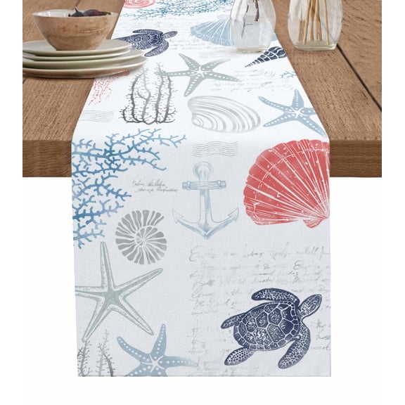 Hokiten Table Runners 72 Inches Long Dress Scarves, Blue Red Coastal Nautical Farmhouse Kitchen/Dining Table Runner, Coffee Tablerunners, Beach Sea Turtle Ocean Coral Starfish 14x72 Inch