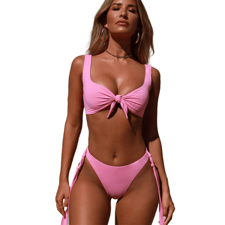 Women s Sexy Bikini Swimsuit Plaid Print Tie Knot Front Thong Bottom Swimwear Set-Pink-S