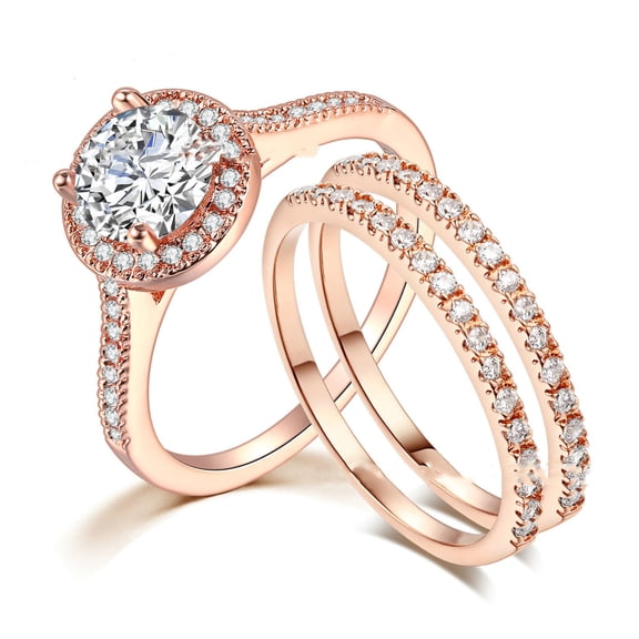 Womens Geometric Zircon Inlaid Copper Engagement Ring Set, 3 Piece, European American Style