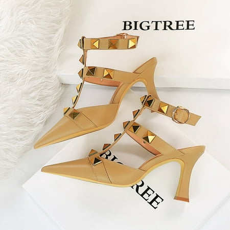 

Metal Rivet Ankle T-strap High Heels Chunky Heeled Pointe Toe Non Slip Sandals Women‘s Pumps