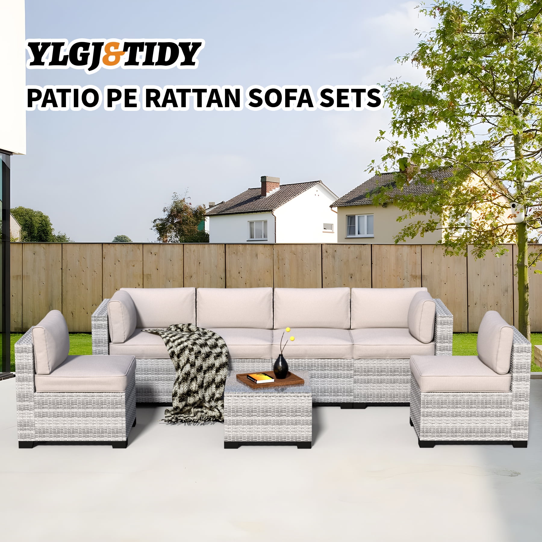 7-Piece Outdoor Sectional Patio Furniture Set, All-Weather Wicker Rattan Sofa with Thick Washable Cushions & Tempered Glass Table, Perfect for Garden, Poolside, Backyard (Dusty Gray)