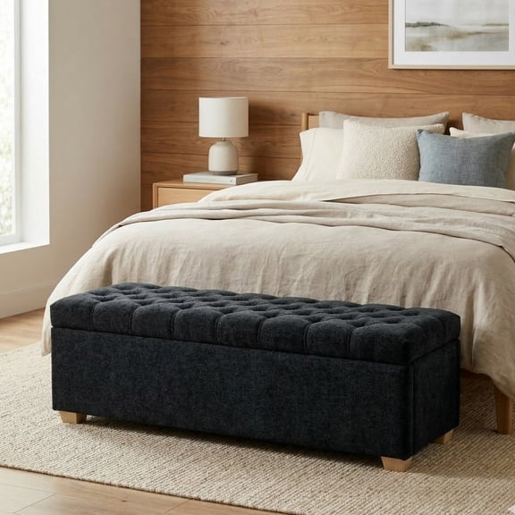 GOMYHOME 60" Chenille Storage Bench, Tufted Flip-Top Ottoman with Wood Legs, Black