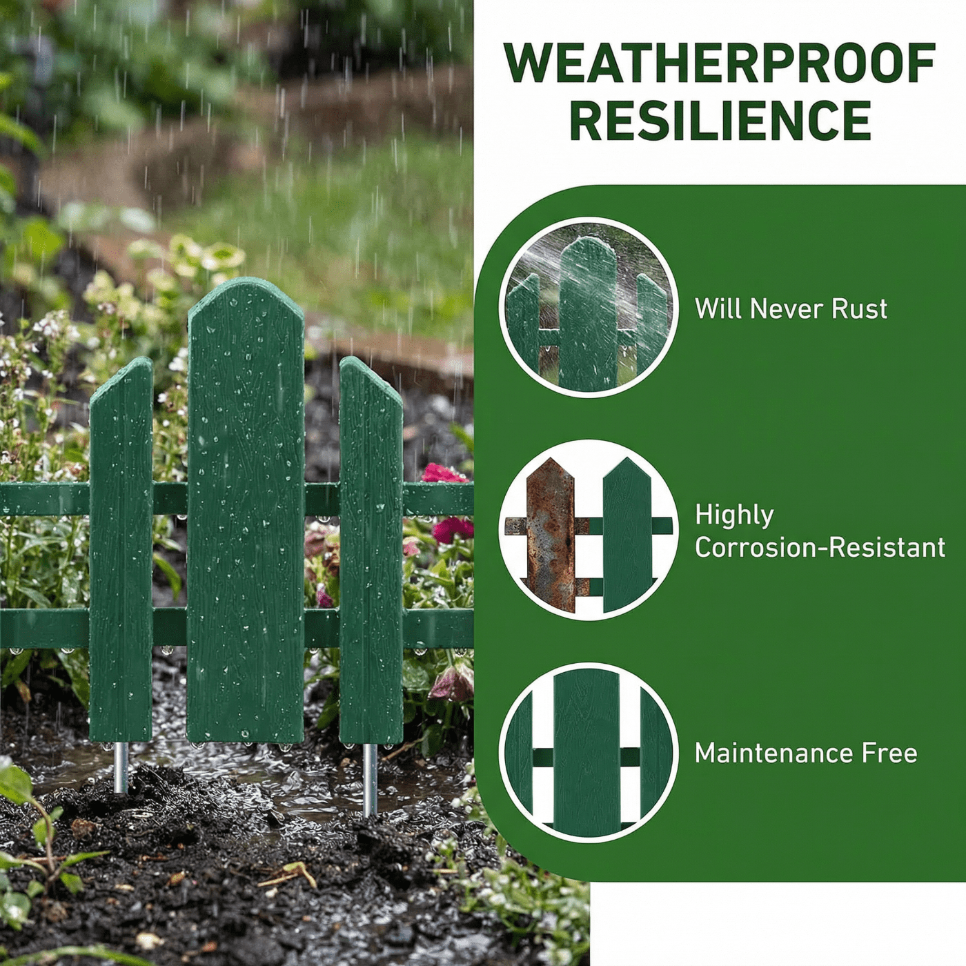 Bibana Garden Edging 12 Pack No Dig Border – Rust & Corrosion Resistant Recycled Plastic Flexible Fence for Lawn, Yard & Flower Beds, Dark Green