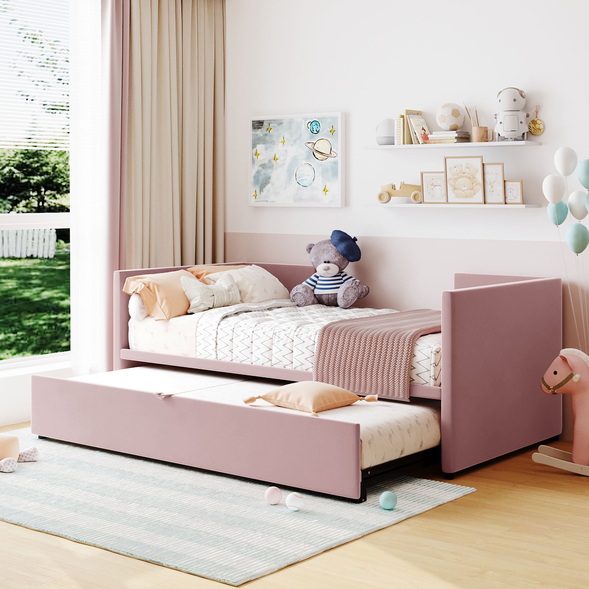 Aukfa Kids Upholstered Expandable Twin-to-King Daybed with Trundle, Pink