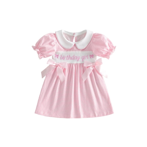 BemeyourBBs Kids Toddler Baby Girl Birthday Dress Outfit 1 2 3 4 Years Old Birthday Dress Summer Clothes Little Baby Girl Puff Short Sleeve Doll Collar Bow Letter Embroidery Front Bow A-Line Dress