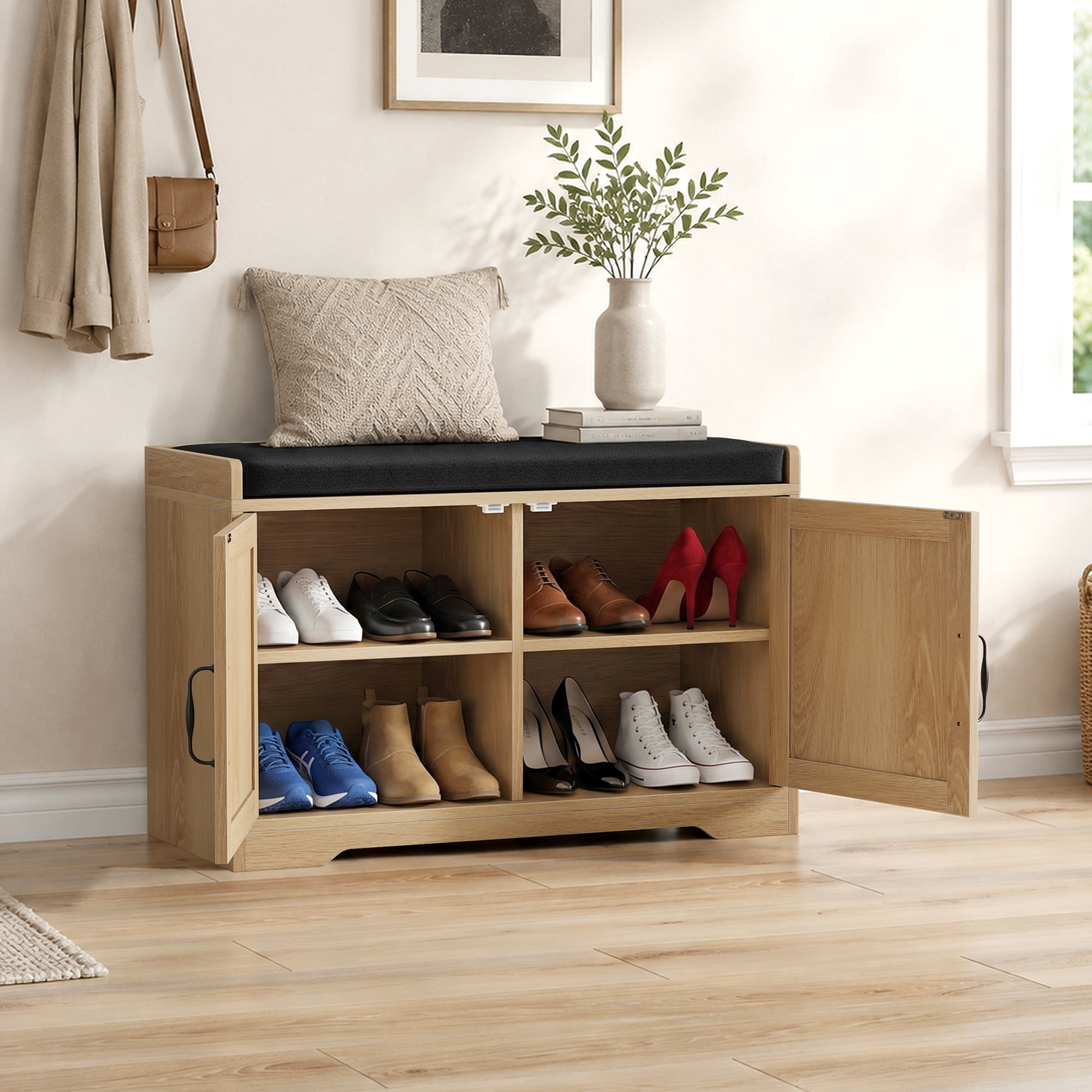 Leumius 31.5" Entryway Shoe Bench, Entryway Storage Bench with Double Doors and Comfortable Upholstery for Hallway and Entrance Areas Oak