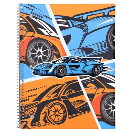 Pen+Gear Wide Ruled 1-Subject Notebook, 8" x 10.5", Blue and Orange Sports Cars, 80 Sheets