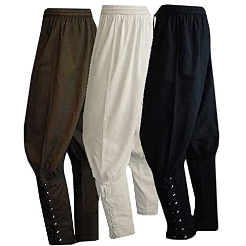 Pantalon Homme à Bandes Cheville Costume Médiéval Viking Pirate Pantalon Gothique Renaissance, Café, TG