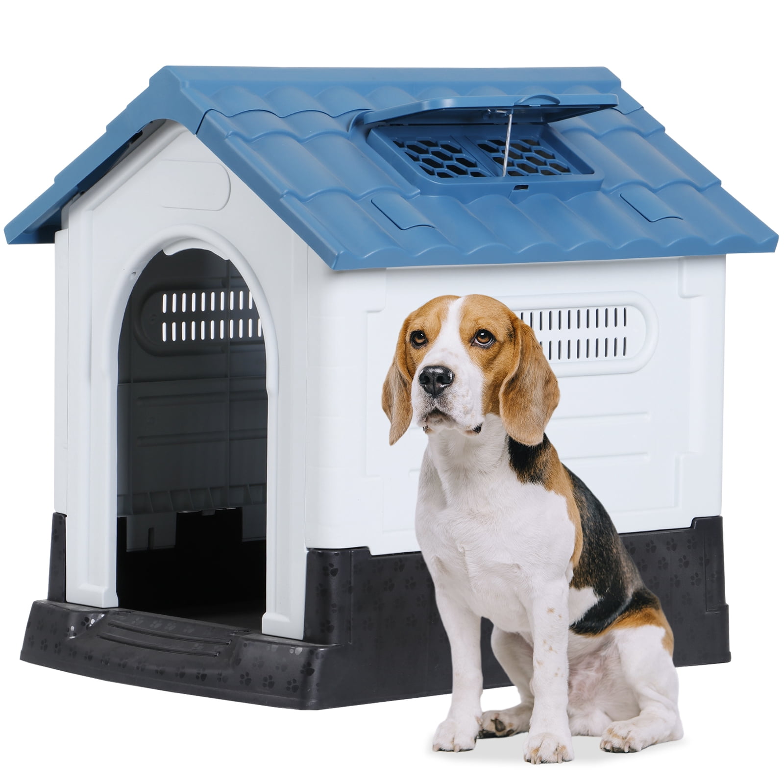 Plastic Dog House Indoor Outdoor Dog Kennel Easy to Assemble Puppy Shelter with Adjustable Skylight Elevated Floor Waterproof,Blue