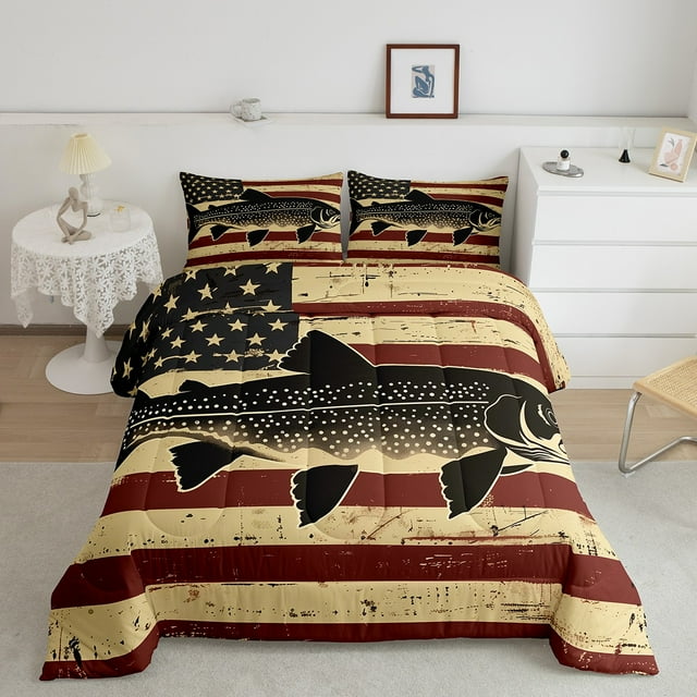 YST Ensemble de Douillette pour Tout-Petit à Motif de Bar, Ensemble de Literie Drapeau Américain pour Garçons et Ados, Insert de Couette Vie Marine Animaux de l'Océan Rayures Rétro Rouges et Blanches Douillette en Duvet Fédérations Usa Étoiles Déco de Chambre