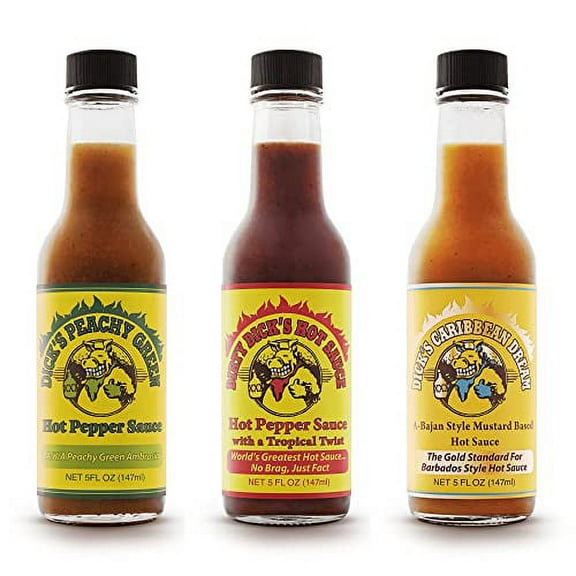 Dirty Dicks Variety Trio: Original, Caribbean, Peachy Green Hot Sauces - 5 Fl Oz, Pack of 3