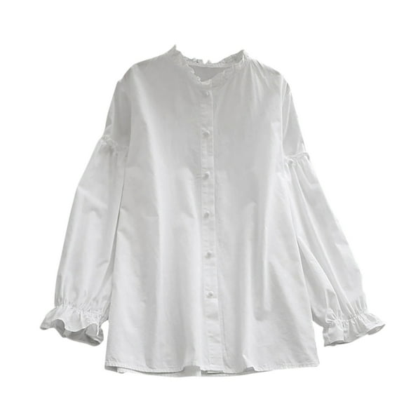 Baby Doll Blouses for Women Loose Flowy Tops Ruffle Button Down White Top Spring Long Sleeve T Shirts for Women