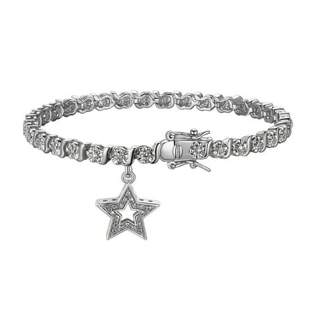 Rhodium Plated Diamond Accent Star Charm Tennis Bracelet, 7.25"