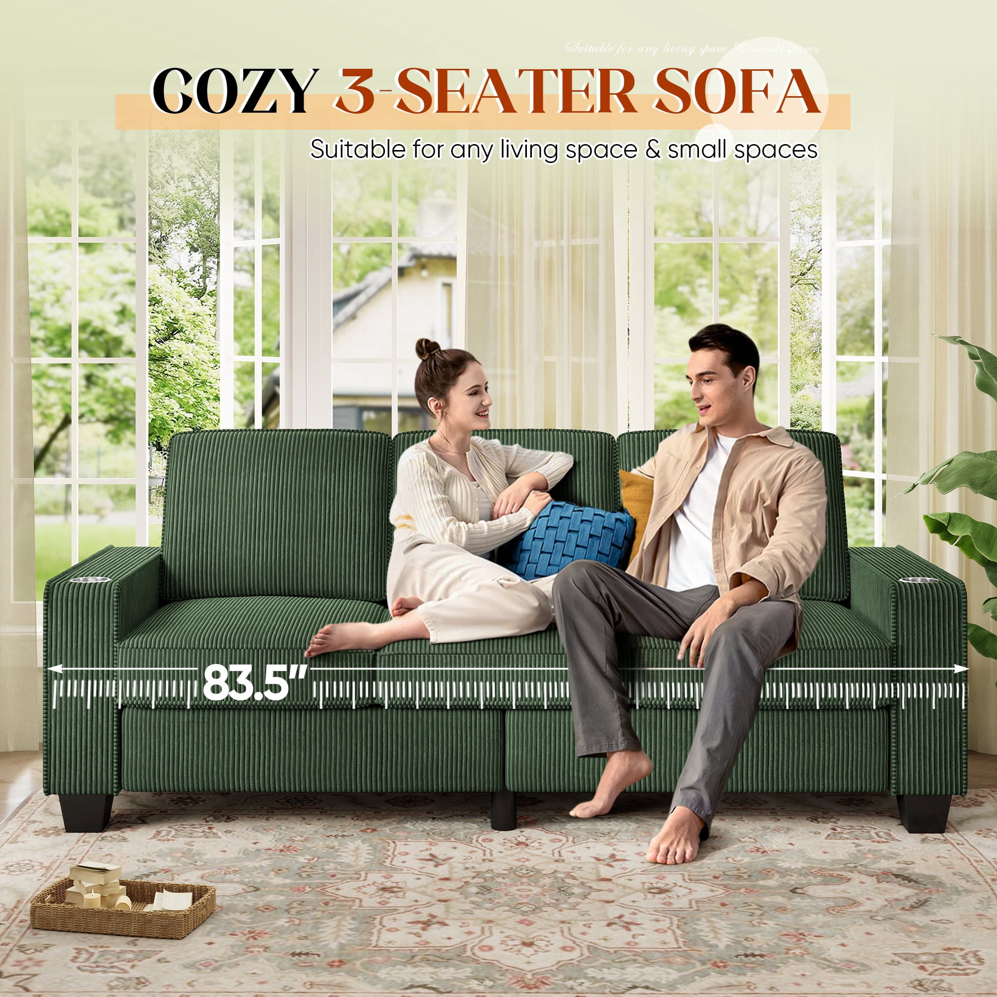 Muumblus 83.5" Living Room Sofa with Cup Holders, Cozy Plush Upholstered Couch, Corduroy Sofa 3-Seater, Green