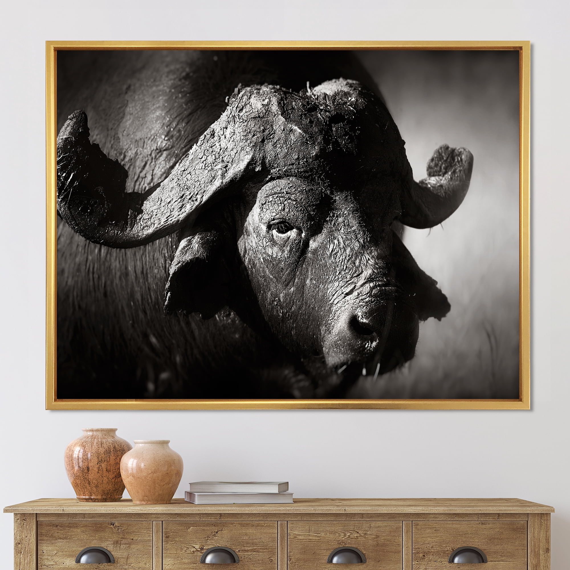 Designart 'Black and White Portrait Of Buffalo II' Farmhouse Framed Canvas Wall Art Print