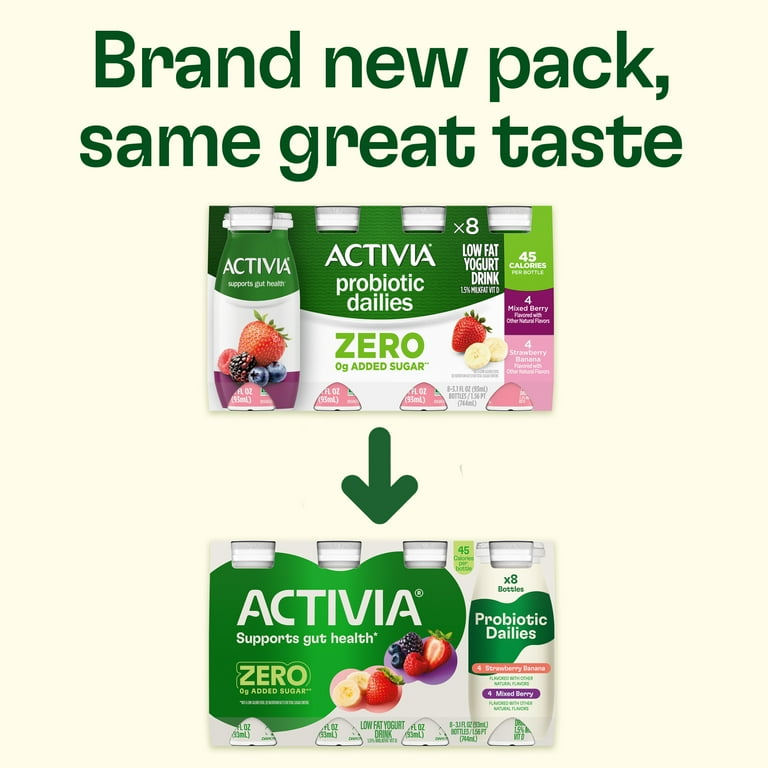 Activia Zero 0g Added Sugar* Strawberry Banana and Mixed Berry Probiotic Dailies, Lowfat Probiotic Yogurt Drinks, Zero 0g Added Sugar, 3.1 fl oz, 8 Count