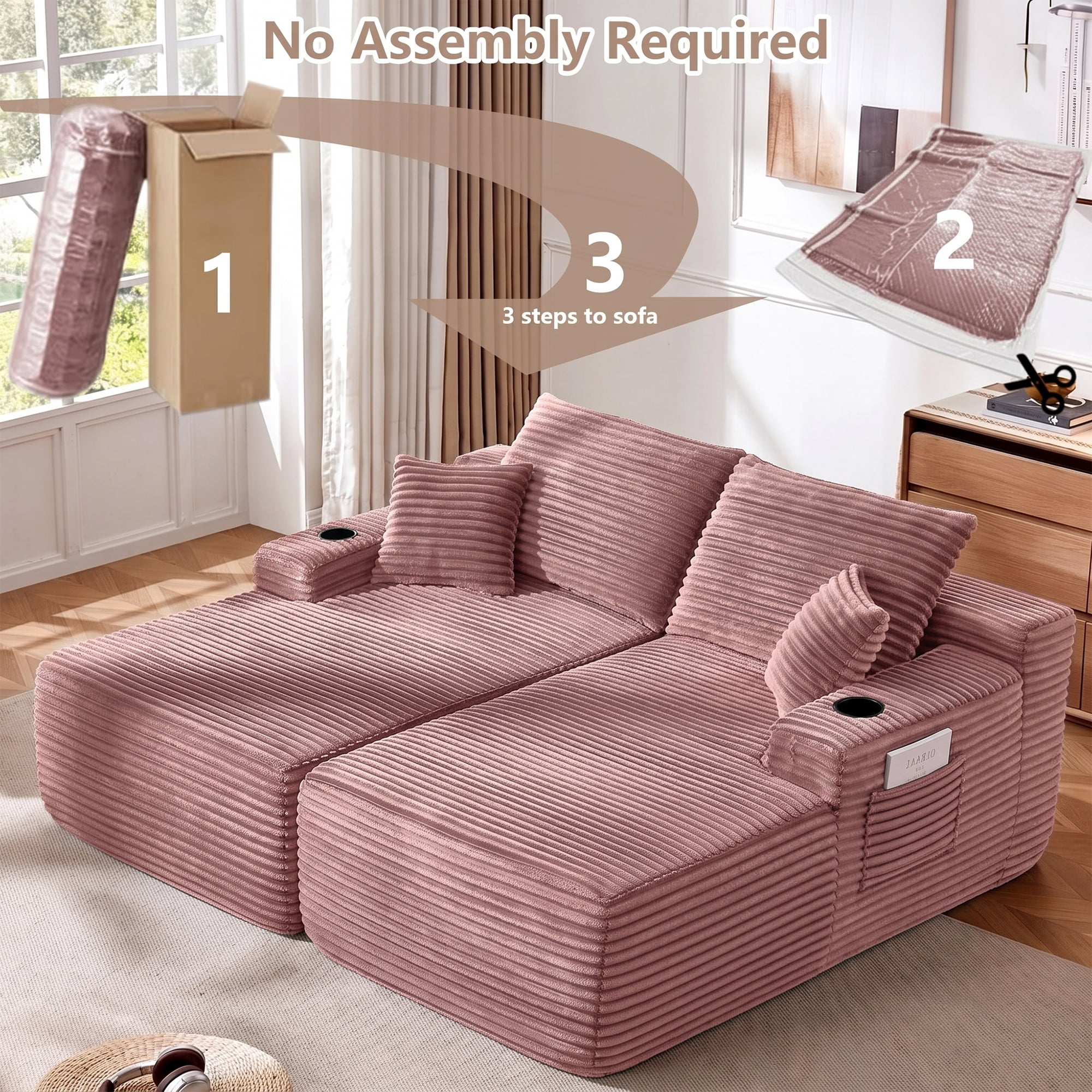 Aukfa 69" Oversized Double Chaise Lounge Boneless Couch Modular Loveseat Sleeper Sofa Bed for Living Room, 2 Cup Holders, Corduroy, Pink