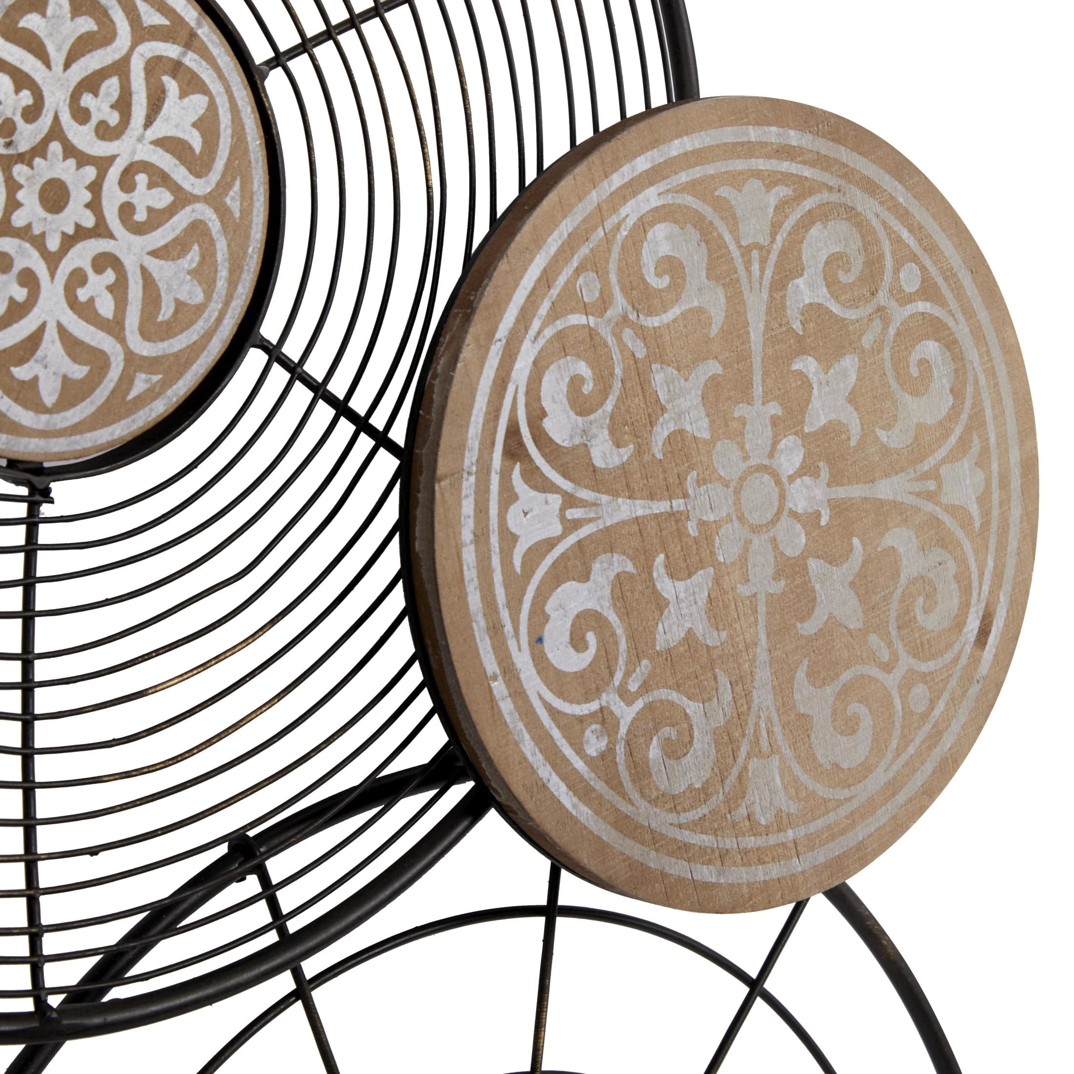 DecMode Black Metal Floral Wire Plate Wall Decor with Brown and White Scrolls