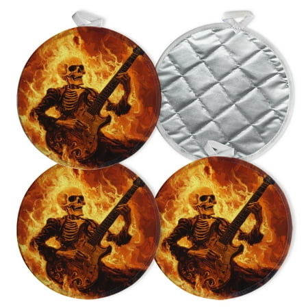 

4 PCS Pot Holders for Kitchen Potholders Sets with Hook for Oven Cooking Baking Flaming Skeleton And Electric Guitar
