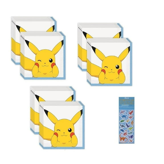 Pokemon Birthday Party Supplies Bundle includes 48 Small Beverage Napkins, 1 Dinosaur Sticker Sheet