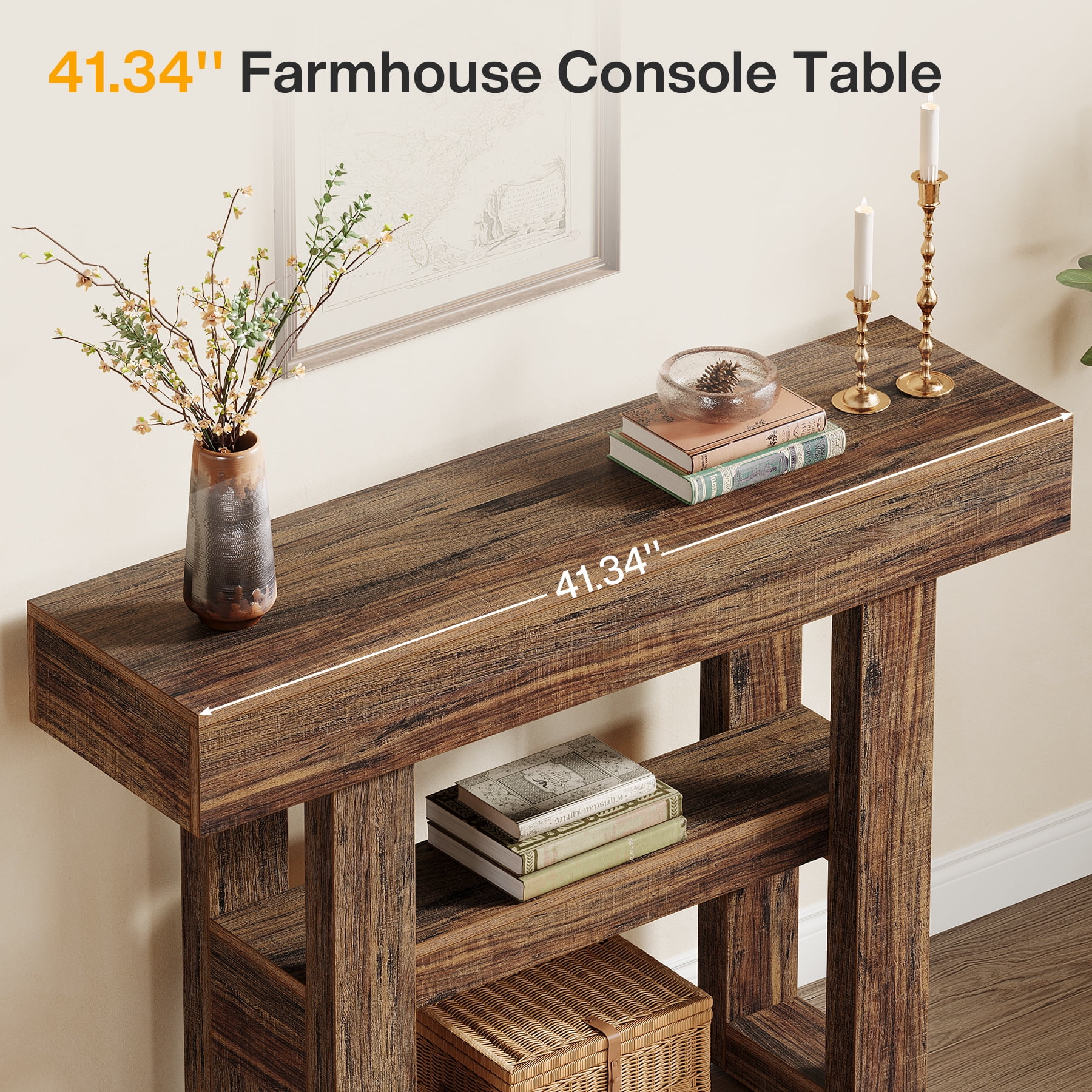 Tribesigns 41.34-Inch Farmhouse Console Table, 2-Tier Narrow Sofa Table Behind the Couch, Entryway Furniture with Storage Shelves for Living Room, Hallway, Foyer, Rustic Brown