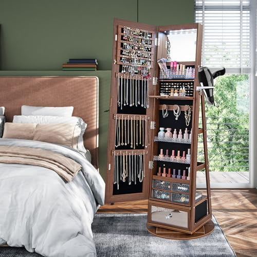CHARMAID 360° Swivel Jewelry Cabinet Armoire 64.5" H, Full Length Mirror with Jewelry Storage, 6 LEDs Lockable Jewelry Organizer, Rear Storage Shelves, Large Drawer, Hairdryer Holder (Walnut)