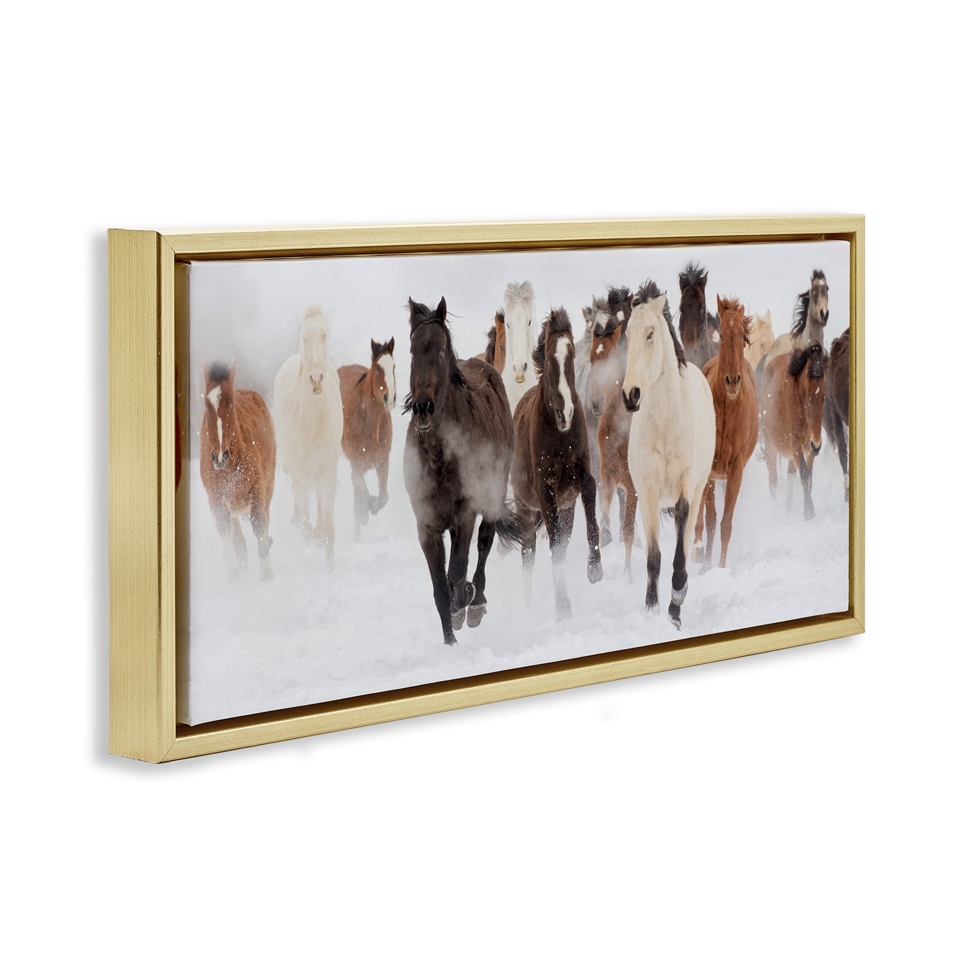 Stupell Industries Wild Horses Herd Foggy Winter Animals & Insects Painting Gold Floater Framed Canvas Art Print Wall Art, 31 x 14