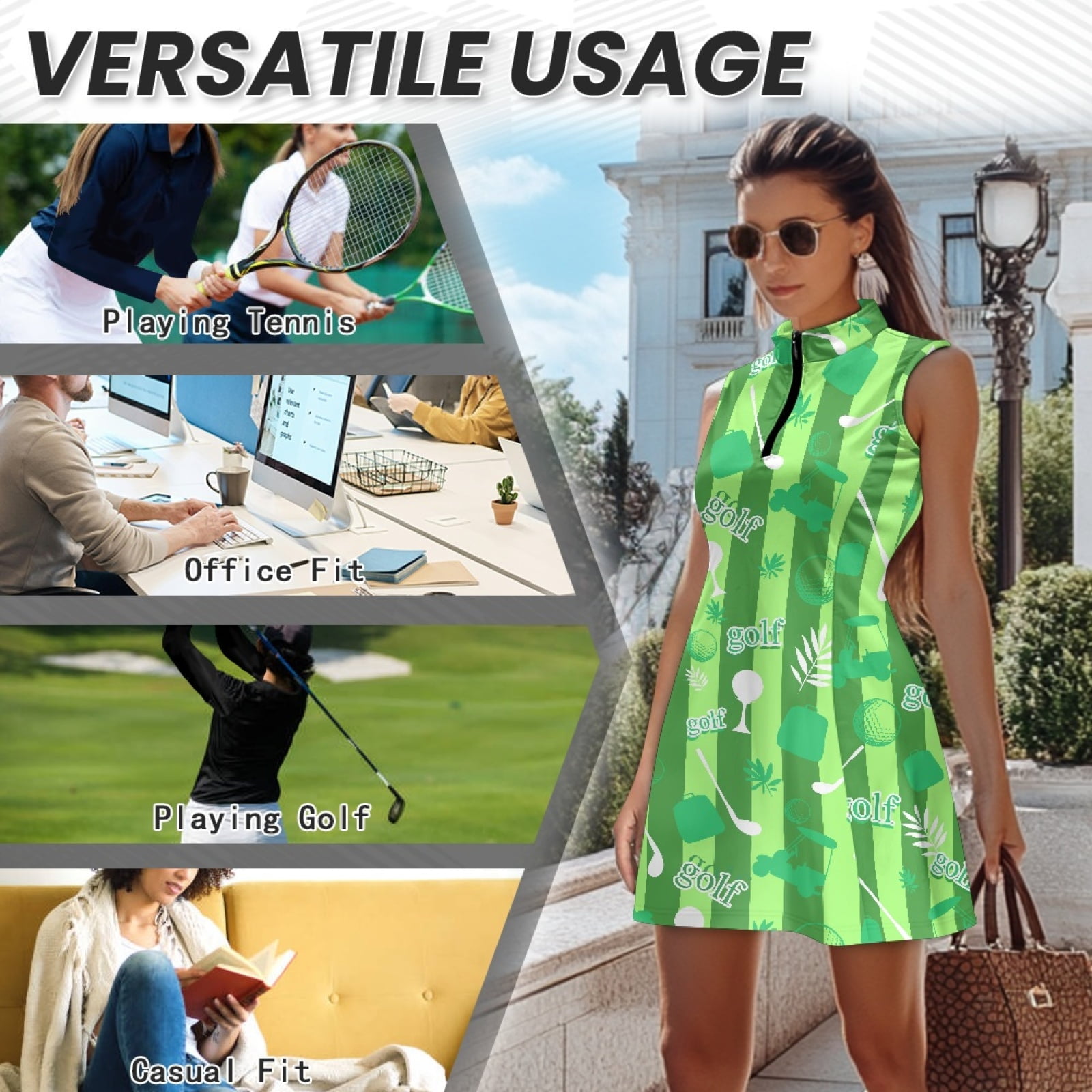 COEQINE Golf Ball Club Cart and Bag Green Stripes Print Tennis Dress for Women Sleeveless 2 Pieces Exercise Dresses with Built in Shorts and Pockets V-Neck Soft Golf Outfits, L