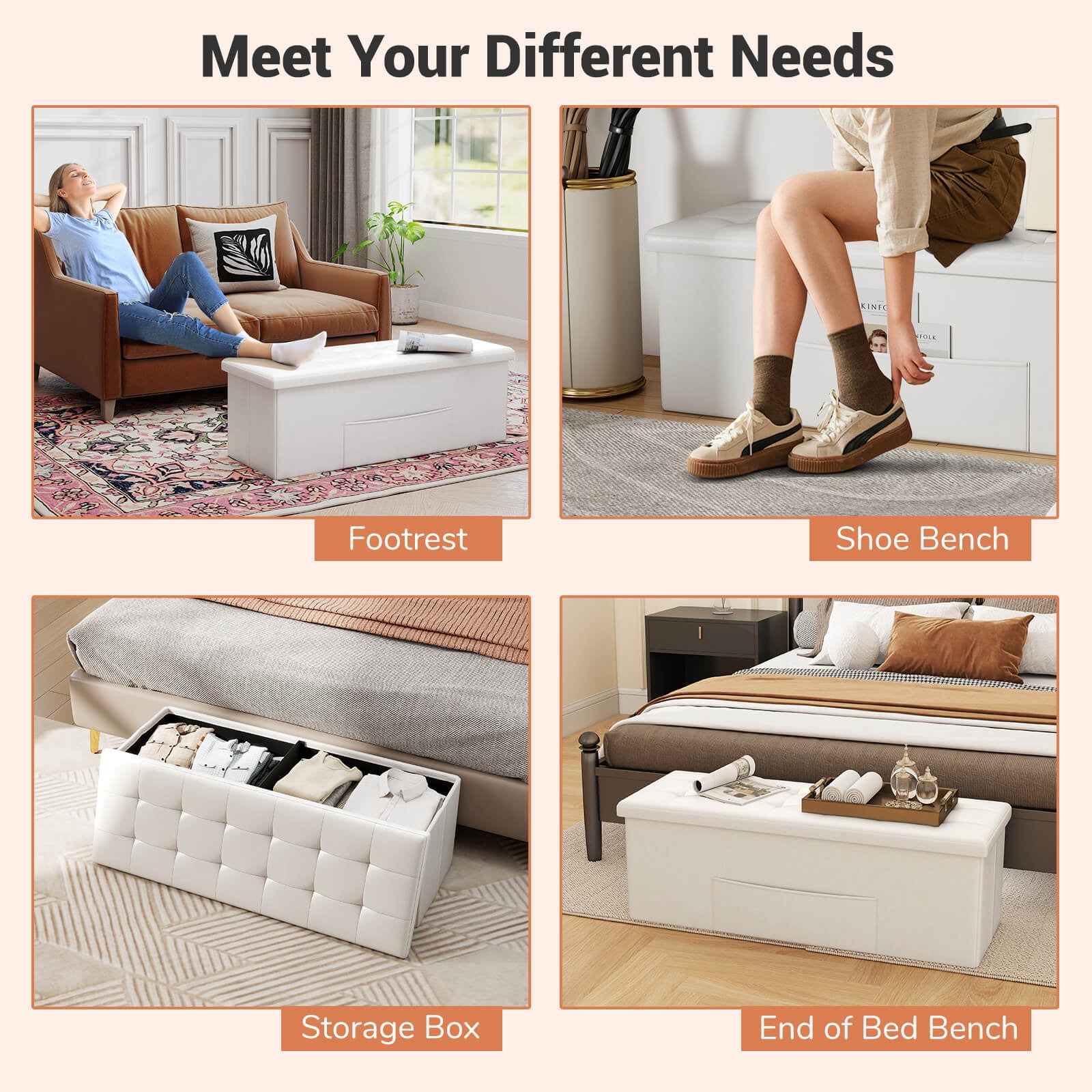 Costway 43 Inches Folding Storage Ottoman Bench Foot Rest Stool with Side Pocket White