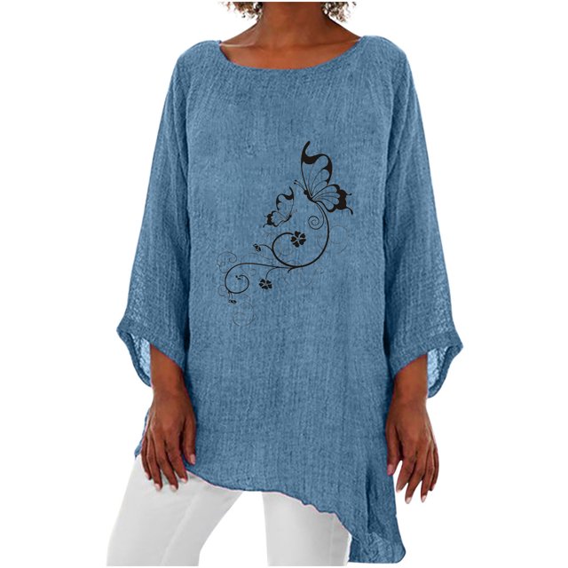 Camisa de lino y algodón con cuello redondo y manga 3/4 para mujer, tops con estampado personalizado, blusa holgada con dobladillo irregular Pompotops FGAJ11703