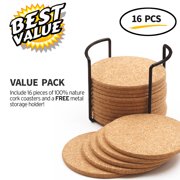 Betus 16 Pcs Round Cork Coasters with Metal Holder - Drink Absorbent, Heat-Resistant, Reusable Saucer Pad for Glasses, Cup, DIY project, Restaurant & Wedding